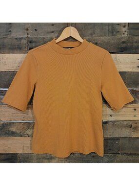 Anthropologie Maeve Mock Neck Ribbed Elbow Sleeve Top Solid Orange